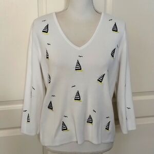 Carroll Reed Women's XL Cotton Sailboat & Seagull V-neck sweater